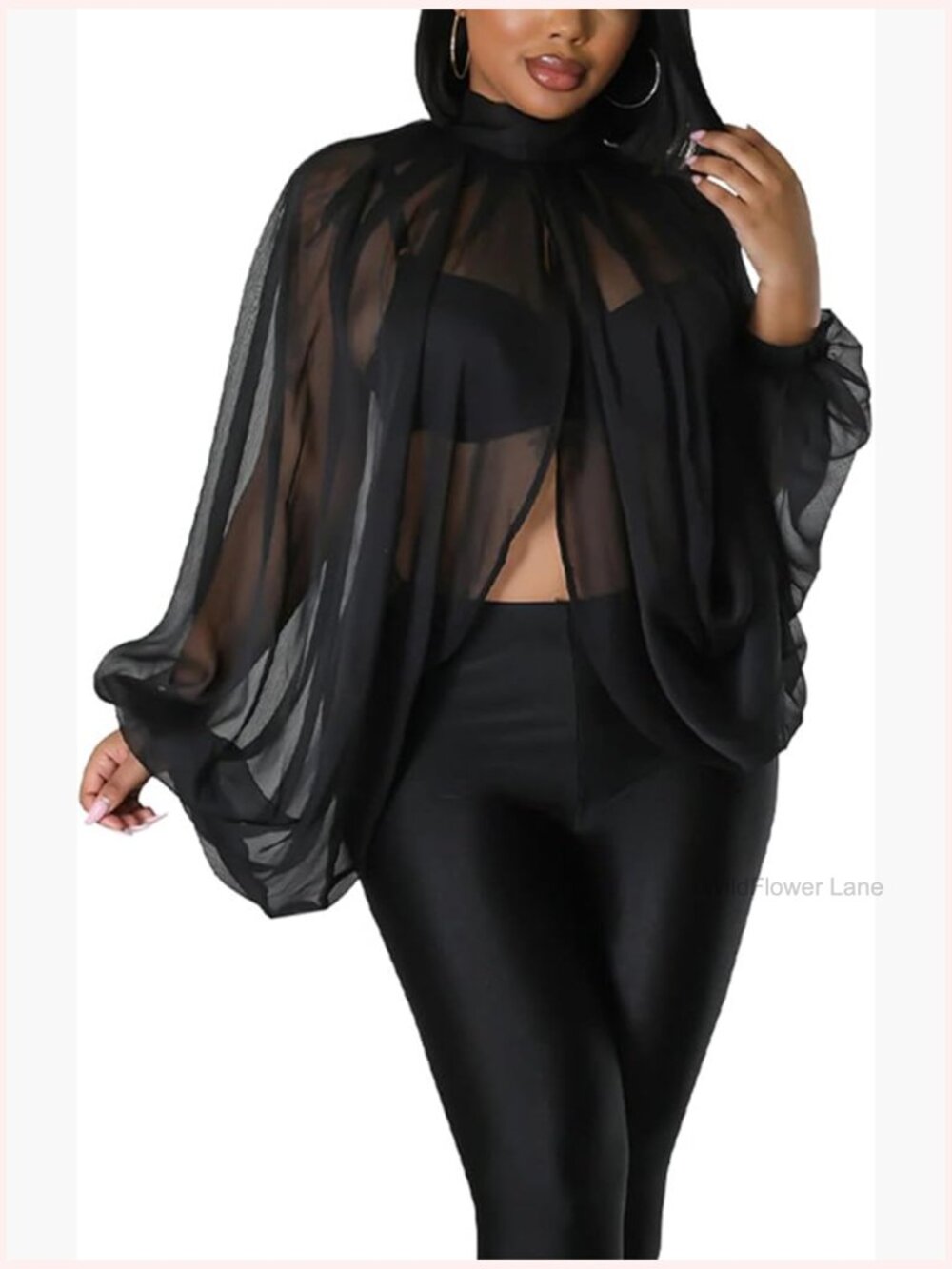 Women's Sheer Batwing Sleeve Chiffon Party Top Open Back Tie Front Blouse